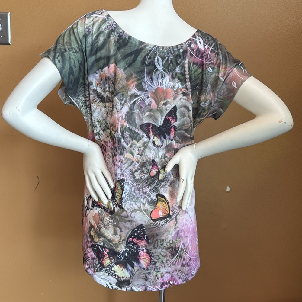 Big Bang Womens Wearable Art Tunic Top XL Butterfly Print Rhinestones Hi Low - Picture 5 of 12